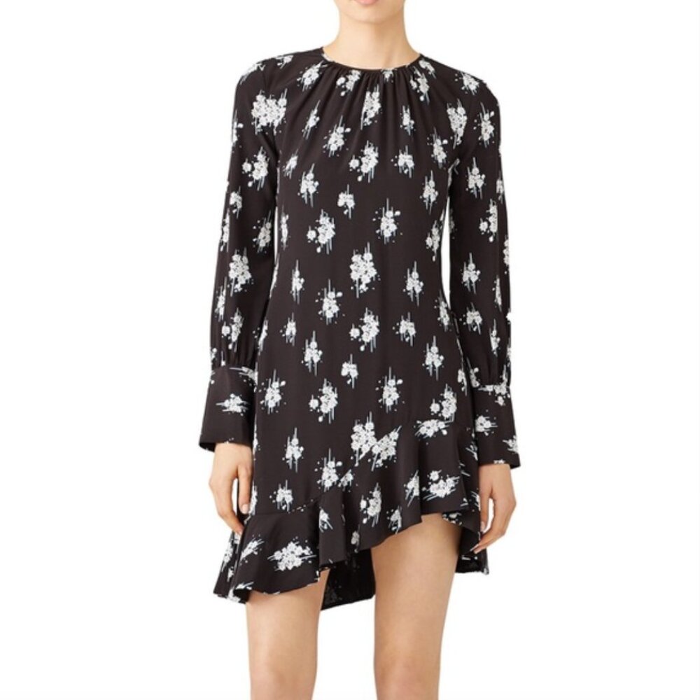 DEREK LAM 10 CROSBY Asymmetrical Silk Ruffle Hem Dress, Black/Multi, 0